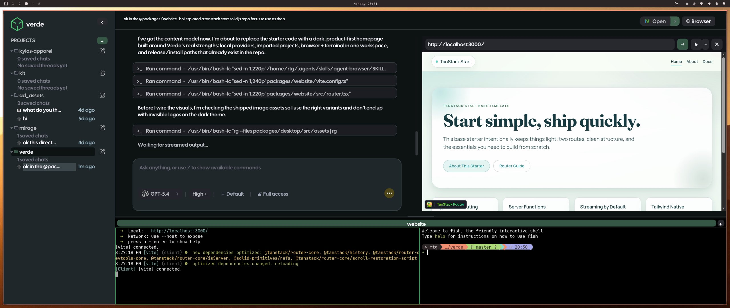 Verde desktop app with a sidebar of projects and threads, a chat pane, a browser pane, and an embedded terminal dock.