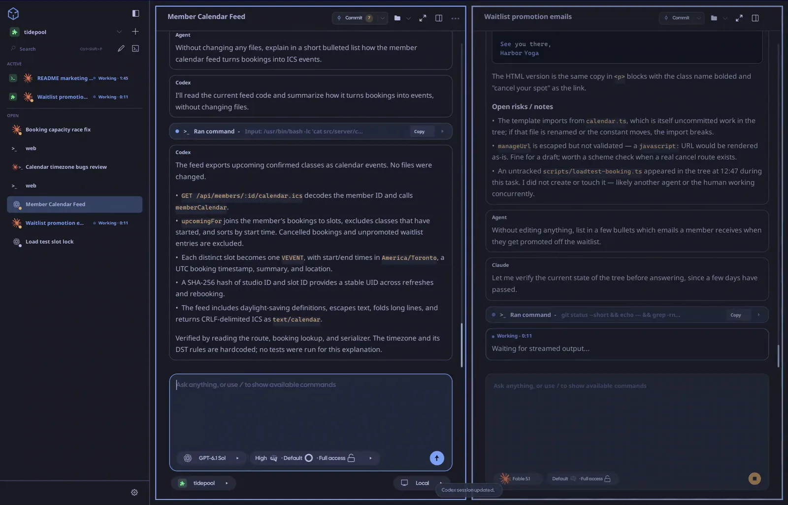 Claude and Codex, side by side: Each chat works on its own task in the same repo.